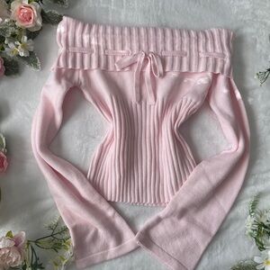 Pink Off-Shoulder Ribbed Sweater